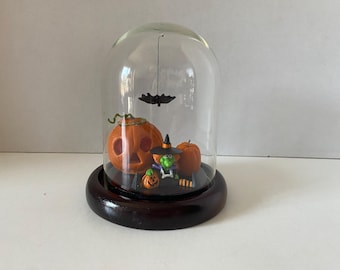 Miniature Halloween Diorama in Bell Shape Glass Dome with Hand Crafted Pumpkins, Witch and Flying Bat