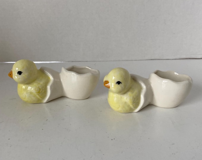 Set of 2 vintage yellow chick / duck ceramic egg cups