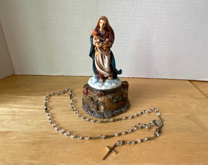 Rosary Trinket Box with Virgin Mary and Christ Child and includes vintage rosary