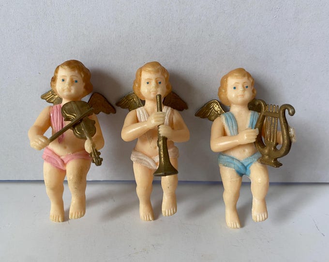 1960s Set of 3 Miniature Plastic Cherub Angel Musicians in Original Box