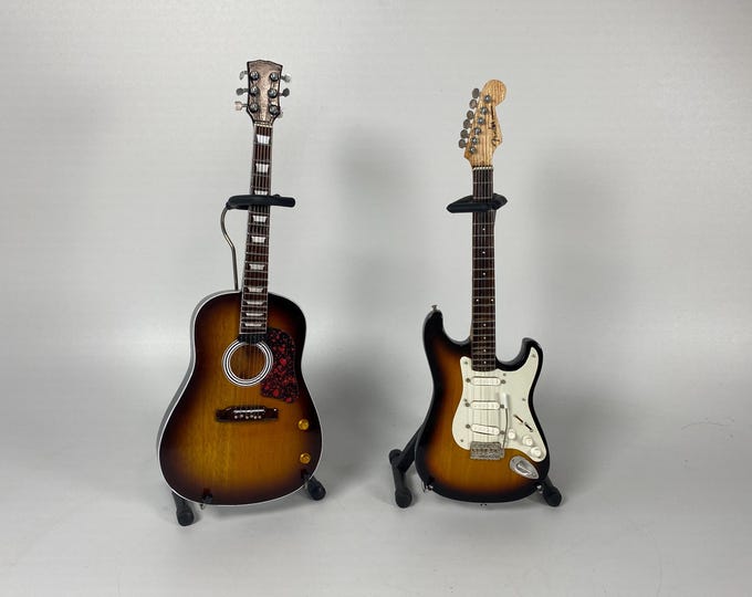 Choice of 10" Tall Miniature Acoustic or Electric Guitar Model Collectables with Stands in 1:4 Scale