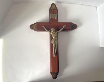 Vintage Sick Call Crucifix w/Gold filigree decorative metal plates - Last Rites Travel Kit unused w/2 candles & Holy Water glass Bottle