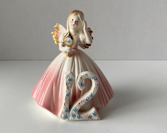 Vintage Sweet  Josef Originals 12th Birthday Brunette Hair Porcelain Ceramic Angel Figurine