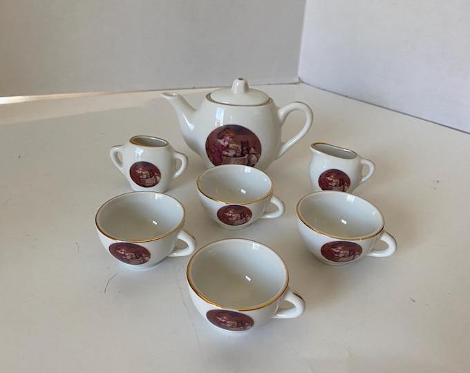 11 Piece set  Shackman 1990 Victorian Girl Tea Party with Dog & Cat  Porcelain mini tea set - Teapot, Sugar, Creamer, 4 Cups, 4 Saucers