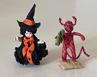 Set of 2 Miniature Dollhouse Halloween Decorations - Witch and Devil holding snake