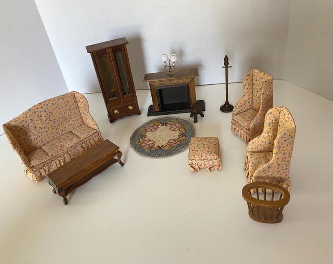 Vintage 15 Piece Dollhouse Ditsy Floral Living Room Set includes gun cabinet, magazine rack, sofa, chairs, Fireplace, Rug, etc 1:12 scale