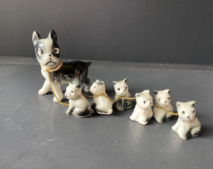 ADORABLE!!  7 piece set MCM Boston Terrier Ceramic "Proud Mother" Dog with 6 puppies chain set-  1950s - 60s from Japan