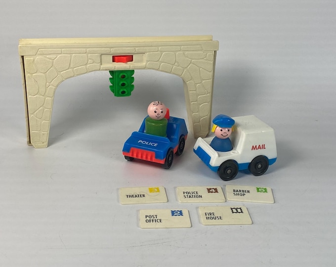 Set of 3 Fisher Price Little People Mail Truck, Police Car and Play Family Village #997 connector bridge with a green traffic light housing