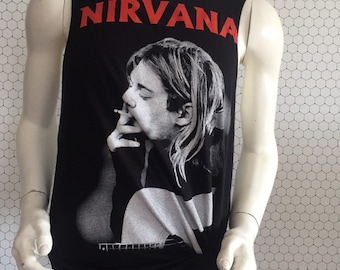 ▪️90‘s【NIRVANA】VINTAGE TANK TOP RARE 1990s Kurt Cobain Black & White Tank Top Cobain
