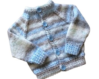 Hand-Knitted Baby Cardigan~Blue & Grey Stripe~0-3 months