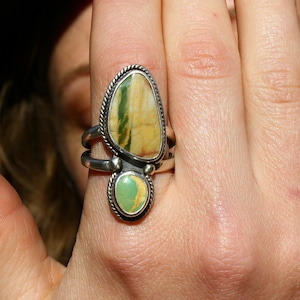 Turquoise Multi Stone Ring, Sterling Fine Silver, Genuine American Royston Ribbon Turquoise Natural Stone, OOAK Western Handmade Jewelry