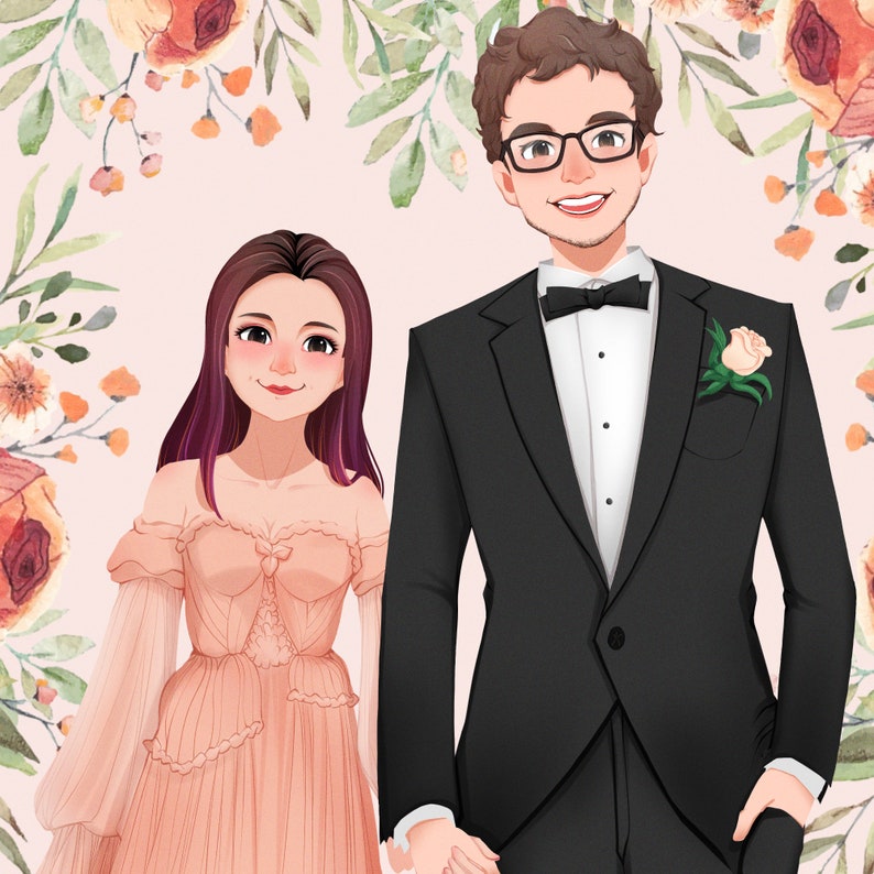 Disney Style CUSTOM Portrait from Photo, Wedding Couple Cartoon Illustration, Personalized Digital Gift, Valentine's day gift image 2