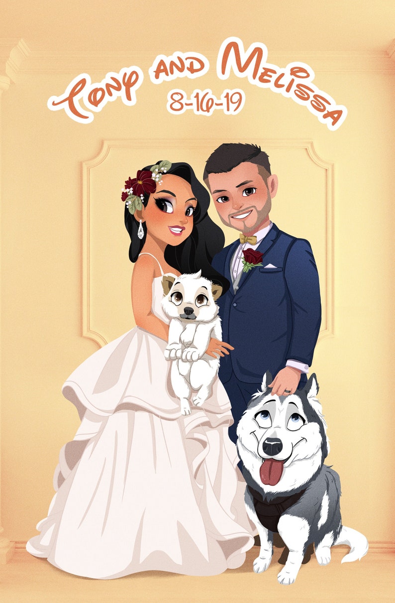 Disney Style CUSTOM Portrait from Photo, Wedding Couple Cartoon Illustration, Personalized Digital Gift, Valentine's day gift image 1