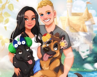 Disney Style / Anime Human CUSTOM Family Portrait da Foto,Illustrazione, Animale, Animale, Cane, Gatto, Regalo Digitale Personalizzato