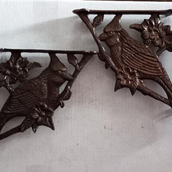 Shelf Brackets Pair Bronze Cardinals 9  Inches  Cast Iron Home Office Wall Decor