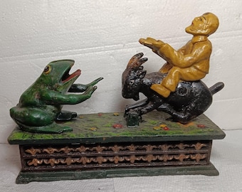 Man Goat Frog Mechanical Bank Hubley Cast Iron Home Collectible