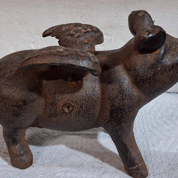 Pig Bank with Wings 7 Inch Cast Iron Home Office Shelf Decor