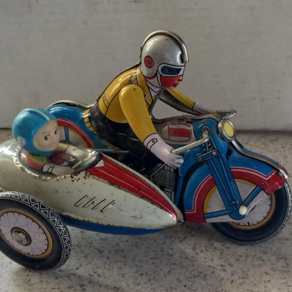Tin Wind Up Toy Motorcycle Sidecar Wheels  Home Office Garage Shop Decor