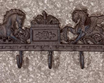 Horses with 5 Hooks  Cast Iron 21 Inch  Office Home Wall Decor