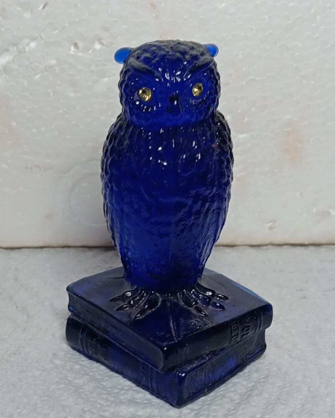 Owl on Books Cobalt Blue Glass Home Office Gift Collectible