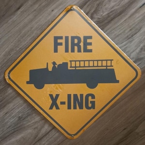 Fire Truck X-ing  Porcelain Ande Rooney Sign Home Office Garage Shop Bar Decor