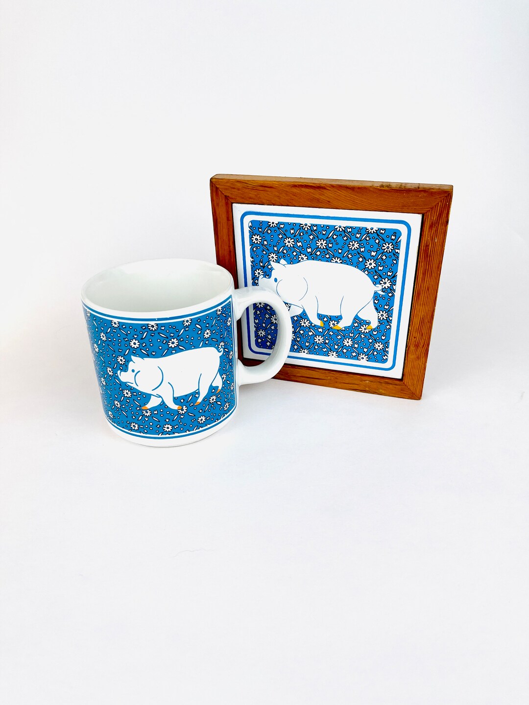 Vintage Farm Animal Ceramic Tile Coaster and Coffee Mug Pig Country