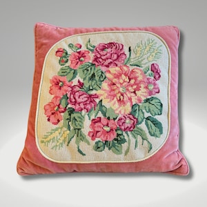 Vintage Needlepoint Floral Throw Pillow Pink Flowers Velvet Back Large Cottagecore Grandmacore 17"x17"