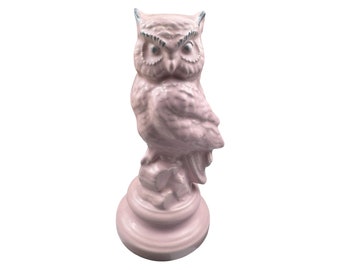 Vintage 90s Ceramic Owl on Pedestal Pink Pastel 8" Signed FLAWS READ