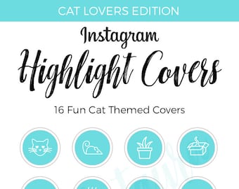 May include: A set of 16 Instagram highlight covers featuring cute cat-themed icons. The icons are white on a light blue background and include a cat face, a mouse, a plant, a box, a cat sleeping, a bowl of food, a fish bone, a heart, a cat face, a paw print, a ball of yarn, a cat face, a scratching post, a tree, and a bird.
