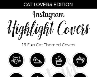 May include: Black and white Instagram highlight covers with cat-themed icons. The icons include a cat face, a mouse, a plant, a box, a cat, a food bowl, a fish bone, a heart, a cat face, a paw print, a ball of yarn, a cat face, a scratching post, a tree, and a bird.