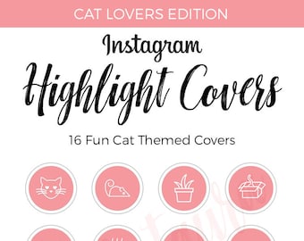 May include: A set of 16 pink Instagram highlight covers with white outlines featuring cat-themed icons. The icons include a cat face, a mouse, a plant, a box, a cat sleeping, a food bowl, a fish bone, a heart, a cat face, a paw print, a ball of yarn, a cat face, a scratching post, a tree, and a bird.