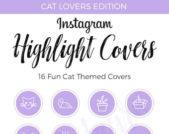 May include: A set of 16 purple Instagram highlight covers with white cat-themed icons. The icons include a cat face, a mouse, a plant, a box, a cat paw, a yarn ball, a cat scratching post, a bird, a heart, a cat sleeping, a food bowl, a fish bone, and a cat in a bed.