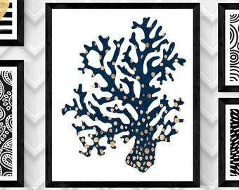 GOLD and NAVY CORAL Art Print Left Side,Ocean Art Print,Coral Wall Art,Digital Coral Print,Sea Coral Print,Digital Download Print,Art Poster