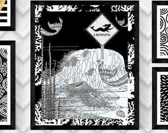 MERMAID Crossing Art Print,OCEAN ART Print,Mermaid Wall Art,Digital Mermaid Print,Sea Shell Print, 8 x 10 Digital Download Print,Digital art