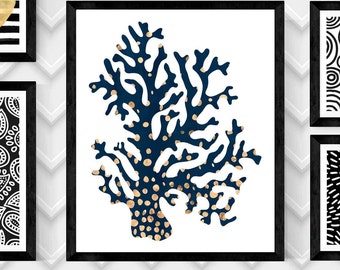 GOLD and NAVY CORAL Art Print Right Side,Ocean Art Print,Coral Wall Art,Digital Coral Print,Sea Coral Print,Digital Download Print,Poster