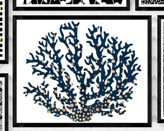 GOLD and NAVY CORAL Art Print Centerpiece,Ocean Art Print,Coral Wall Art,Digital Coral Print,Sea Coral Print,Digital Download Print,Poster