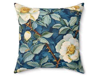 Wild roses pillow William Morris Inspired Cushion Whiite Floral Garden Retro Charm Home Decor Country Farmhouse