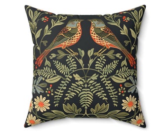 Almohada de pájaros del bosque, cojín inspirado en William Morris, pájaros caprichosos, jardín floral, encanto retro, decoración del hogar, cojín decorativo de campo