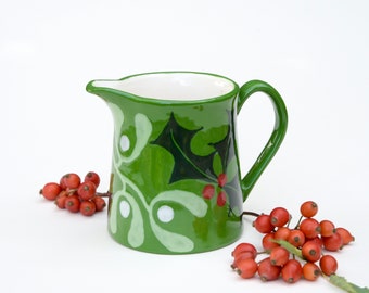 Christmas Green Holly & Mistletoe Milk Jug - can be Personalised - Hand Painted