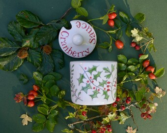 Christmas Winter Berries Cranberry Sauce Pot - Hand Painted