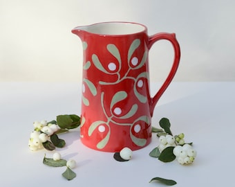 Christmas Red Mistletoe Farmhouse Jug - can be Personalised - Hand Painted