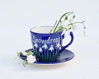 Snowdrop Cup and Saucer - can be Personalised - Hand Painted