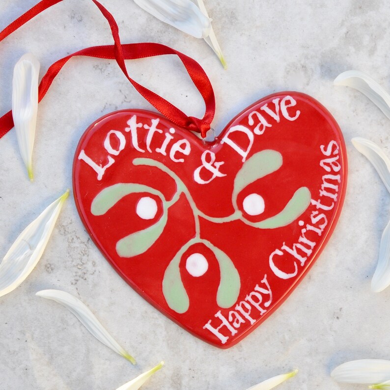 Personalised Red Mistletoe Heart Hand Painted image 2