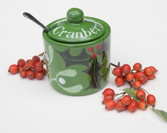 Christmas Holly & Mistletoe Cranberry Sauce Pot - Hand Painted