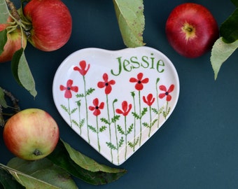 Poppy Heart Dish - can be Personalised - Hand Painted