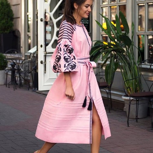 Soft Pink Linen Vyshyvanka Midi Dress With Black Embroidered - Etsy