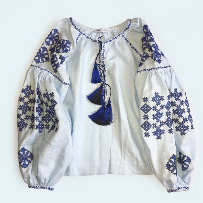 boho chic ethnic folkloric-modern folk style Light blue Ukrainain vyshyvanka blouse of 100/% eco linen with geometric embroidery patterns