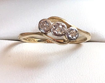 18k Gold Diamond Ring - Antique Art Deco Trilogy Ring, Genuine Old Cut Diamonds, Ring Size 5 1/2 (USA L (UK)