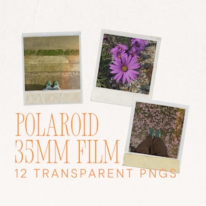 Puede incluir: Una colección de tres imágenes estilo Polaroid con escenas de la naturaleza. Una imagen muestra flores moradas, otra muestra zapatos verdes y la tercera muestra una vista de un camino de piedra. También se ve el texto "POLAROID 35MM FILM 12 TRANSPARENT PNGS".
