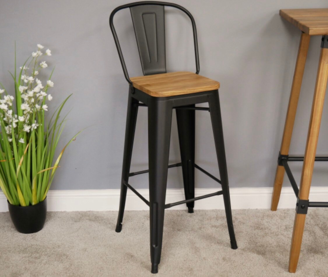 Bar Stools with Backrest Black metal and wood Bar Stools Etsy